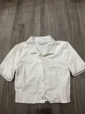 White Button-Up Cropped Polo Top
